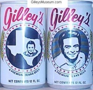 Two styles of vintage Gilley's Pasadena, TX beer cans.